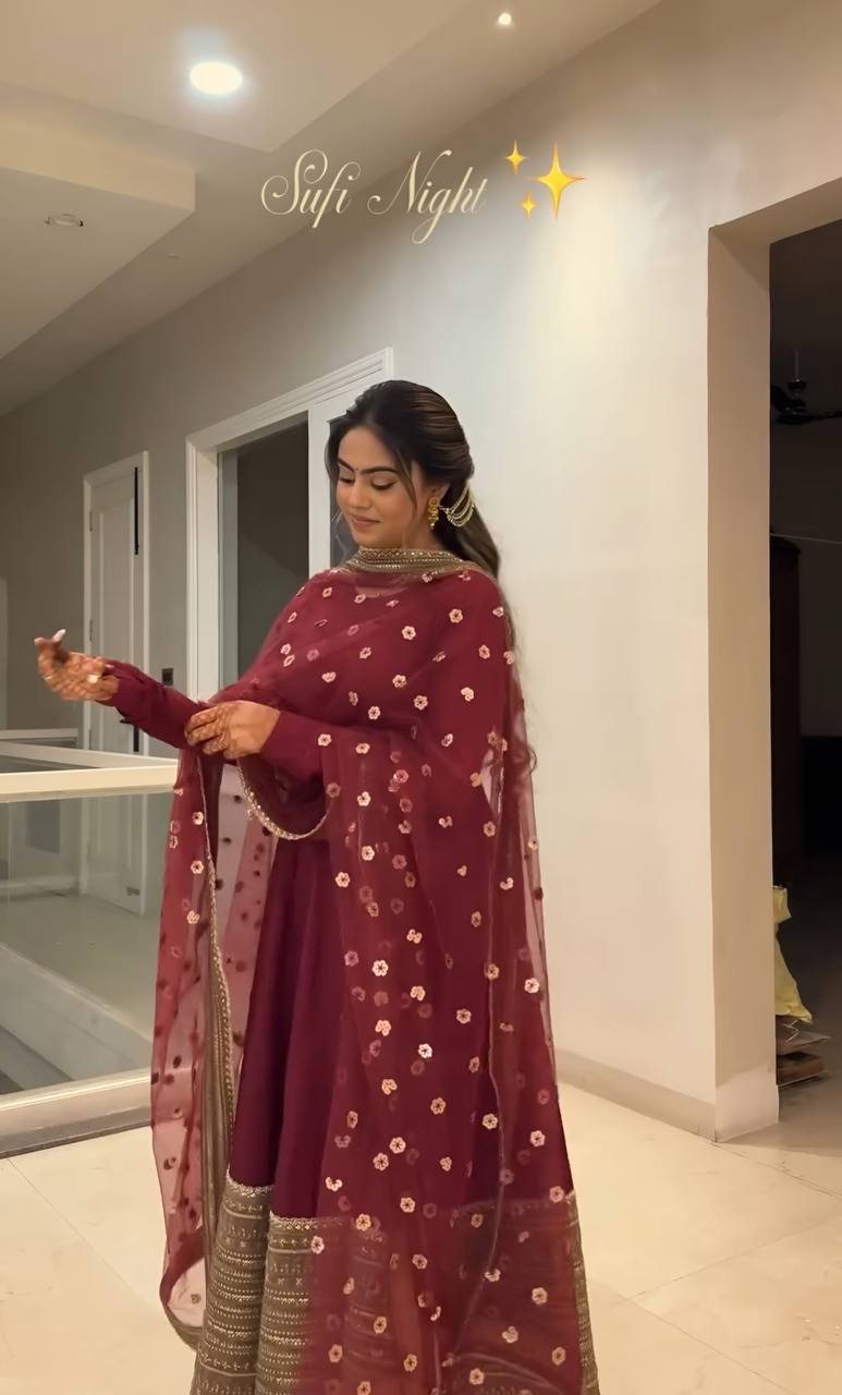 Maroon Gold Anarkali Dress