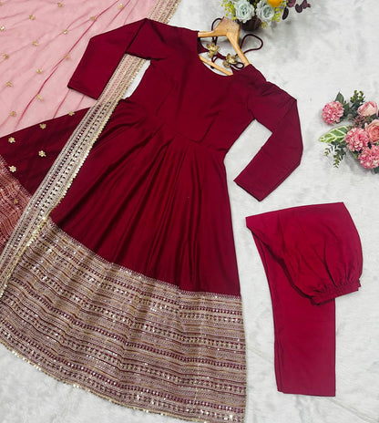 Maroon Gold Anarkali Dress