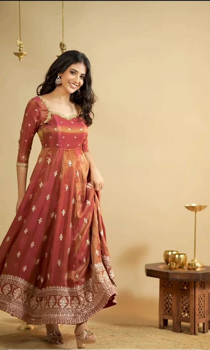 Rust Gold Zari Anarkali Suit Set