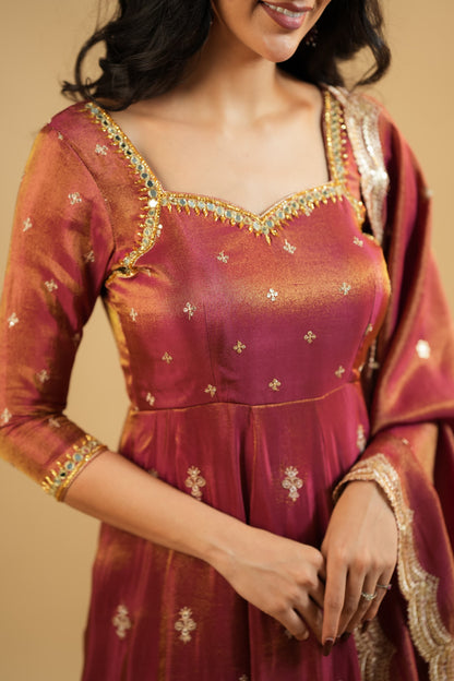Rust Gold Zari Anarkali Suit Set