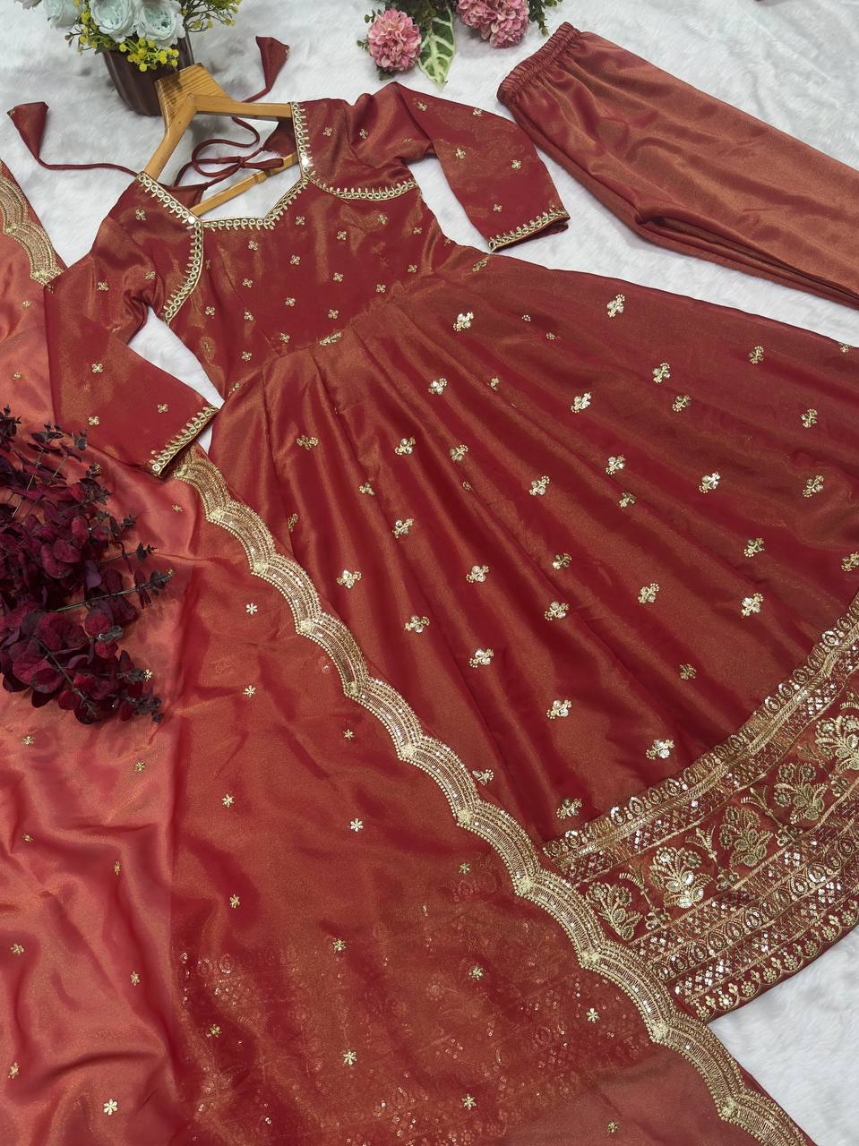 Rust Gold Zari Anarkali Suit Set