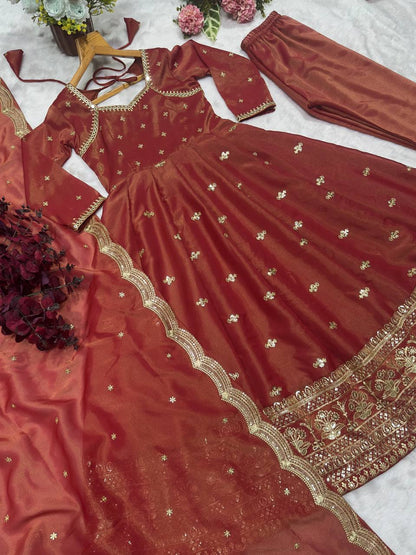 Rust Gold Zari Anarkali Suit Set