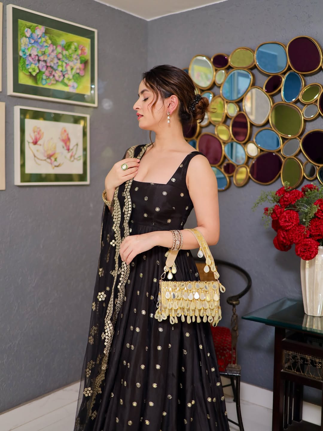 Black Anarkali in Golden Work