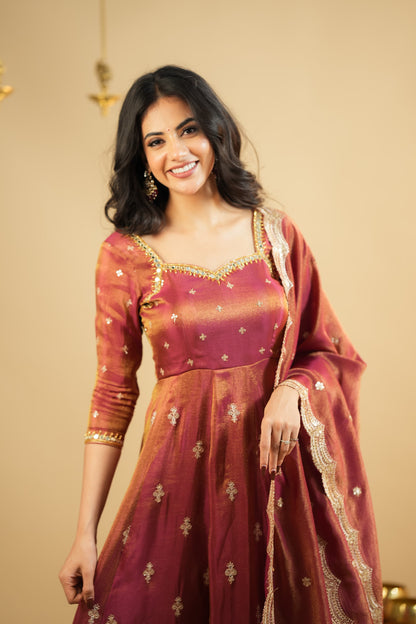 Rust Gold Zari Anarkali Suit Set