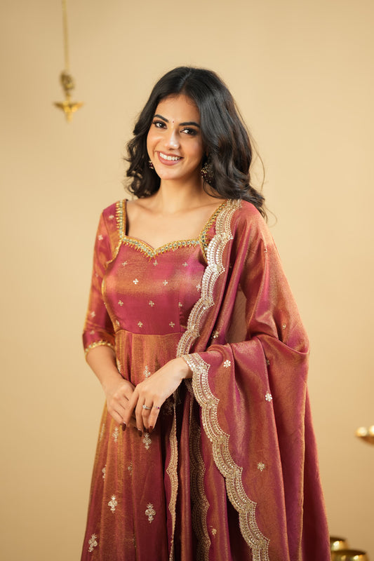 Rust Gold Zari Anarkali Suit Set