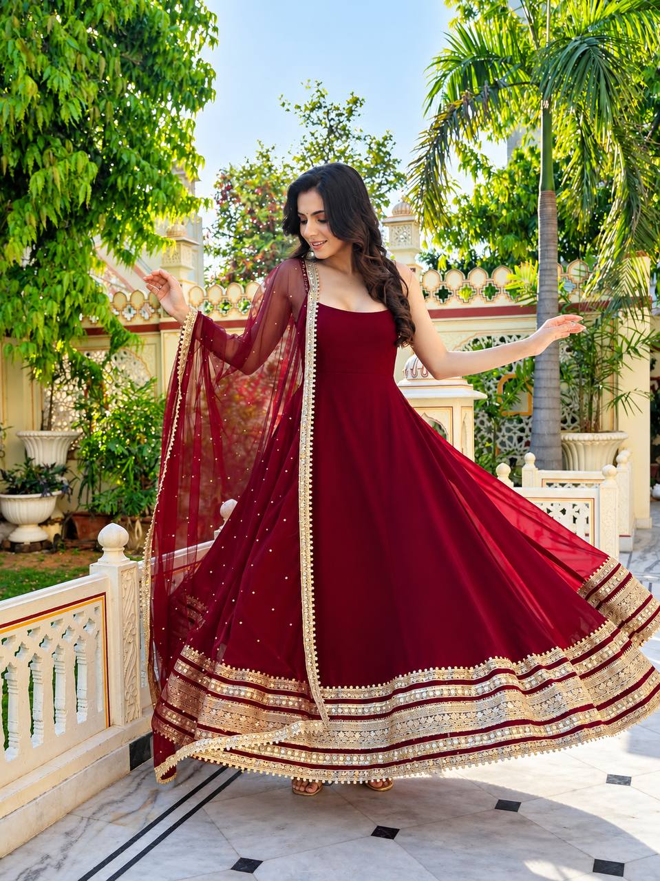 Maroon Zari Embroidered Anarkali Suit Set