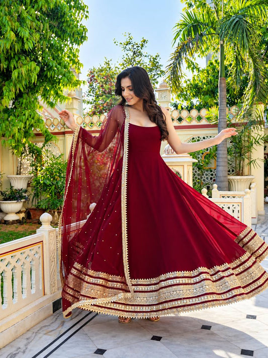 Maroon Zari Embroidered Anarkali Suit Set