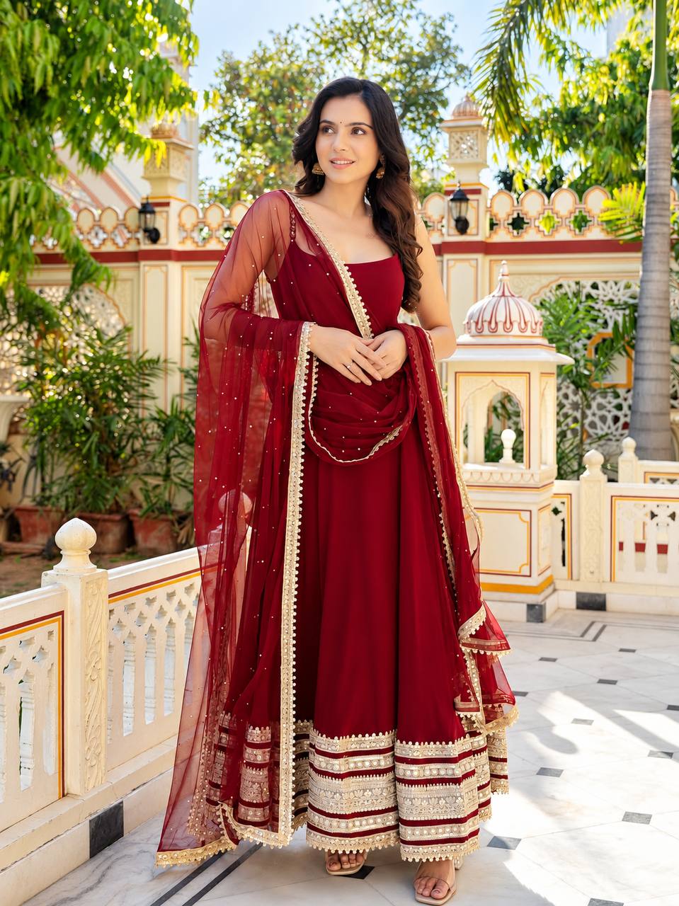 Maroon Zari Embroidered Anarkali Suit Set