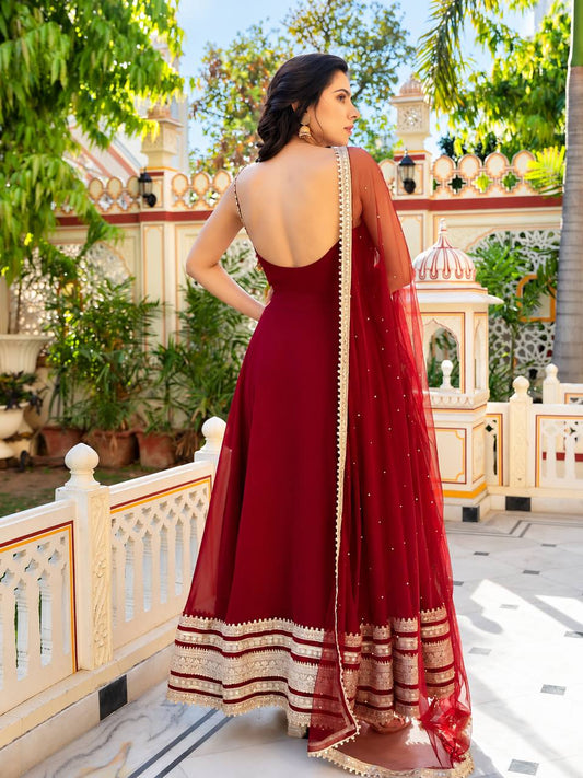 Maroon Zari Embroidered Anarkali Suit Set