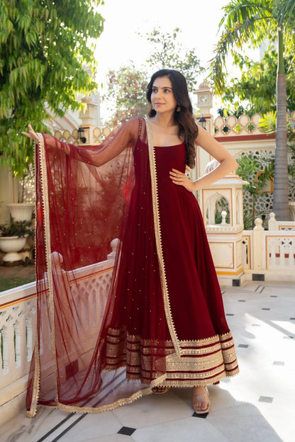 Maroon Zari Embroidered Anarkali Suit Set