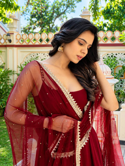 Maroon Zari Embroidered Anarkali Suit Set