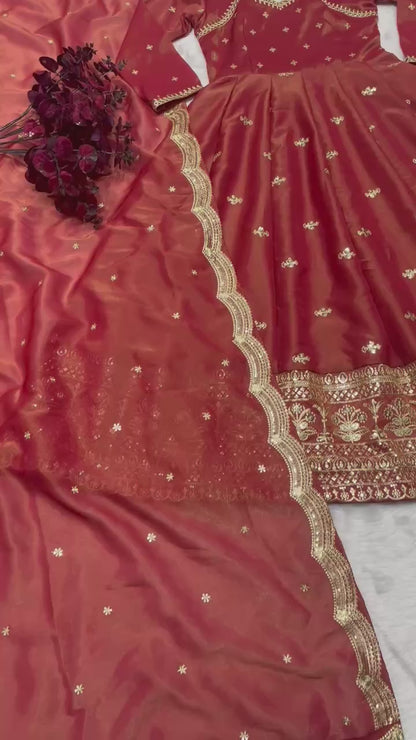 Rust Gold Zari Anarkali Suit Set